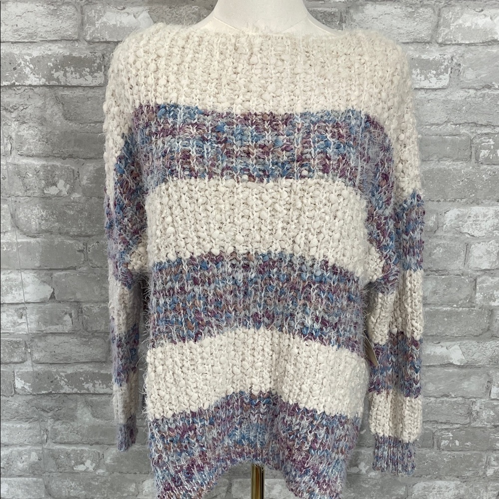 Altar'd State Fuzzy Cream and Purple Striped Sweater